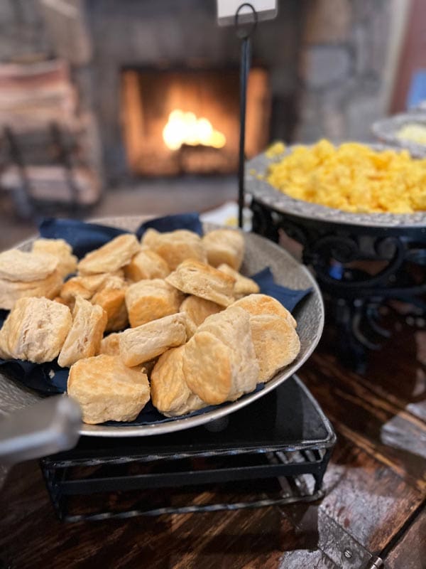 A breakfast buffet at UCLA Lake Arrowhead Lodge, including biscuits and eggs.