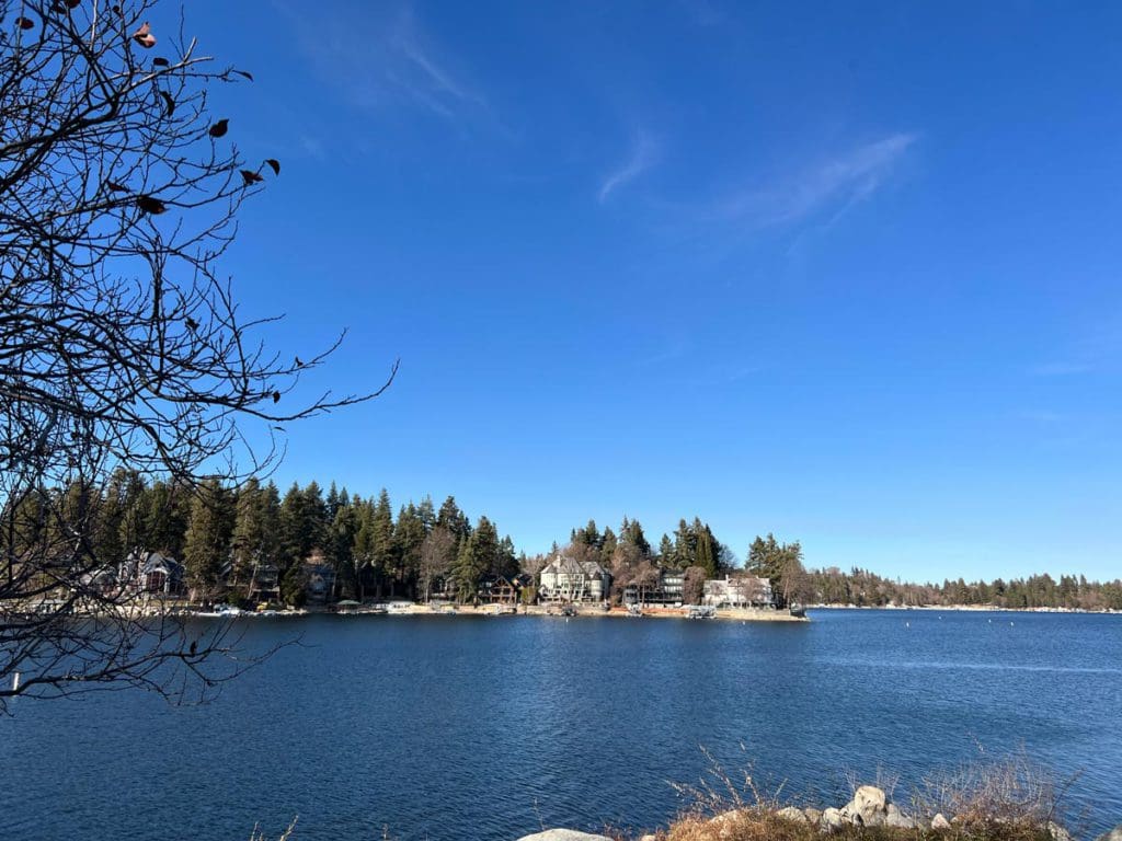 A scenic view of Lake Arrowhead on a sunny day.