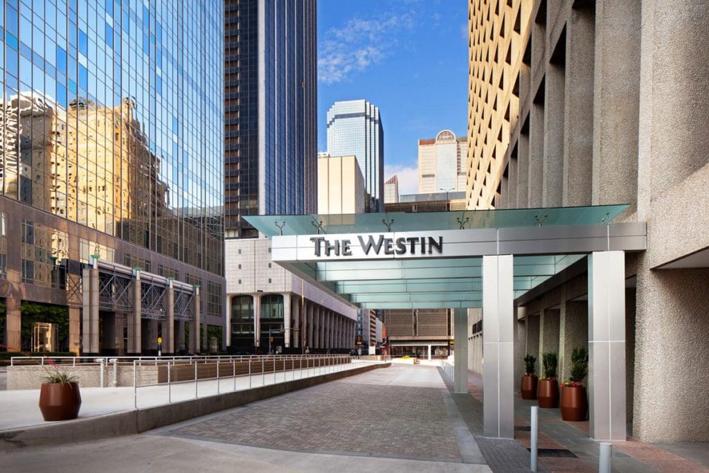 The exterior entrance to The Westin Dallas Downtown, one of the best hotels in Dallas for families.