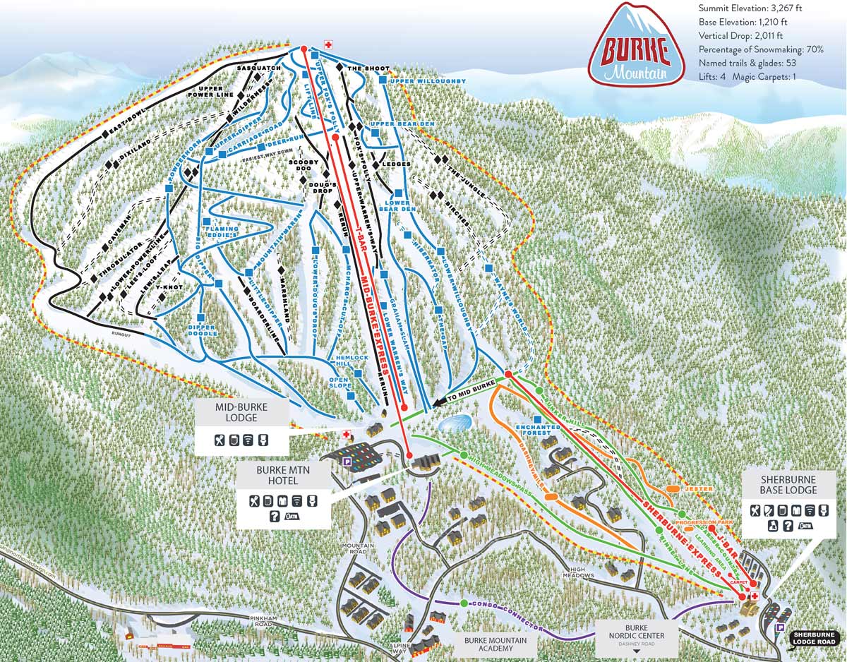 The trail map for ski runs at Burke Mountain Resort.