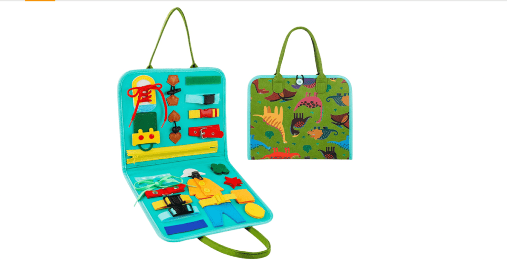A product shot of the Dasigjid Store Busy Board, a great way to keep kids entertained while traveling.
