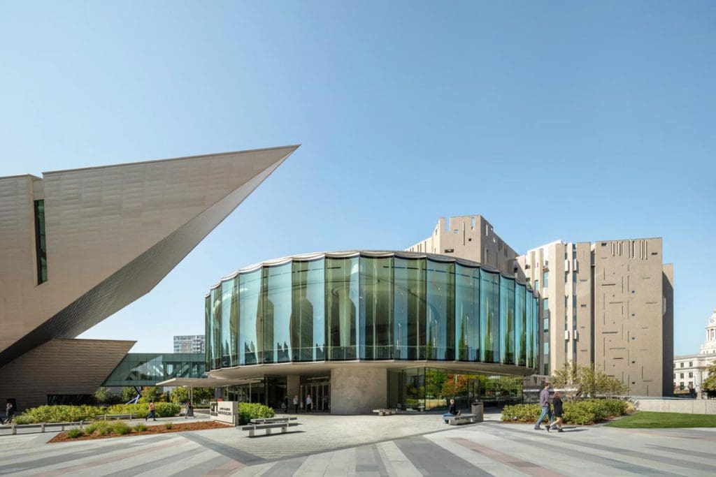 The exterior entrance of the Denver Art Museum, one of the best places to visit on a Denver itinerary for families!