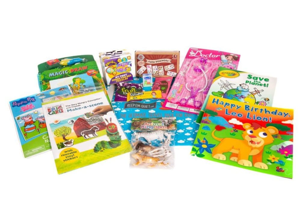 A display of books that are part of the KeepEmQuiet pack for ages 1 to 3, which are a great way to keep kids entertained while traveling.