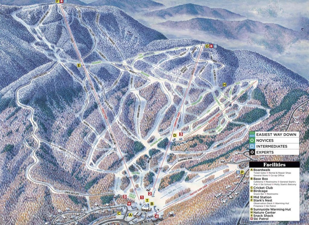 A trail map of the runs at Mad River Glen Cooperative.