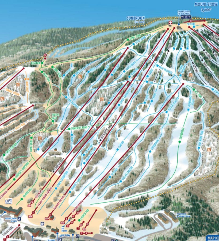 A trail map of all the runs at Mount Snow Ski Resort.