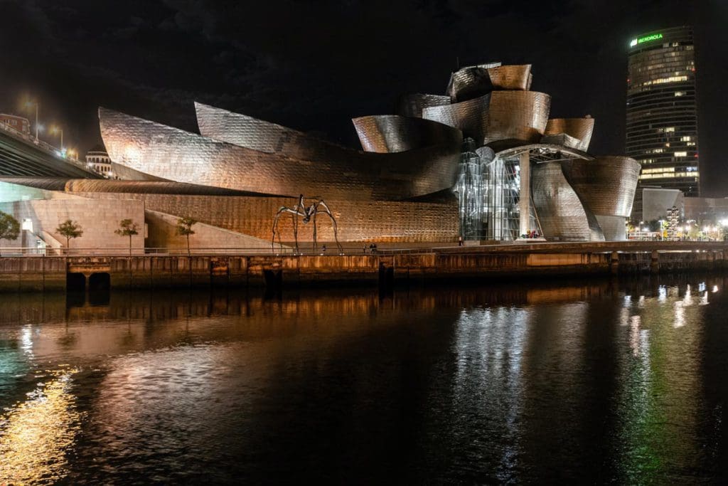 A view of Bilbao lit up at night.