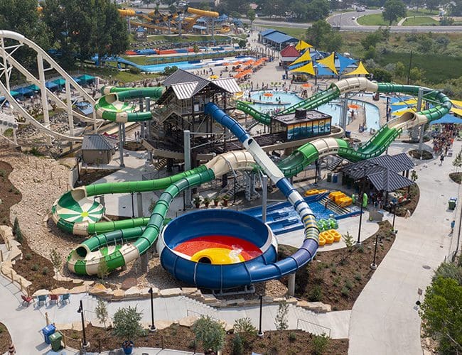 An aerial view of the many slides and rides at Water World.