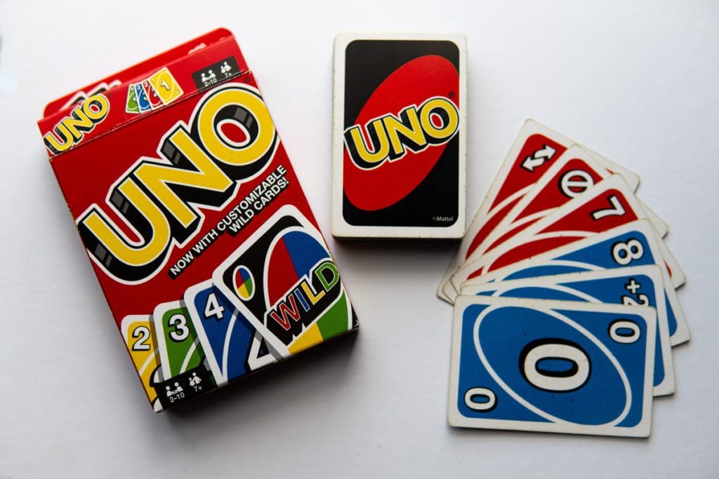 A product shot of Uno, a great way to keep kids entertained while traveling.