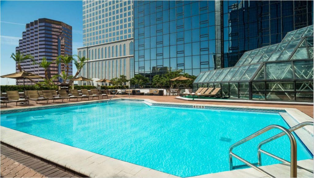The outdoor terrace pool at Hilton Tampa Downtown, overlooking the downtown area.