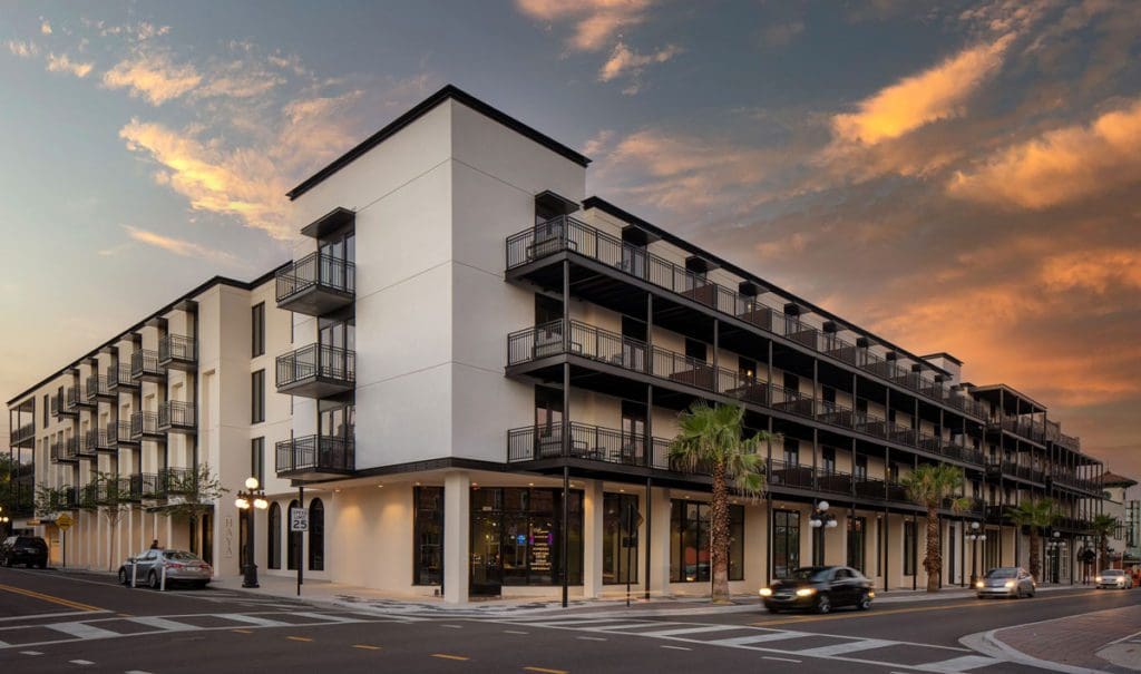 The exterior of Hotel Haya at dusk, one of the best hotels in Tampa Bay for families.