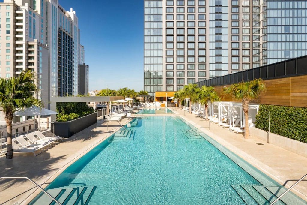 The outdoor rooftop pool at JW Marriott Tampa Water Street, with a great skyline view.