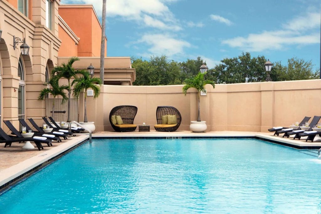 The beautiful pool and surrounding pool deck at Renaissance Tampa International Plaza Hotel.
