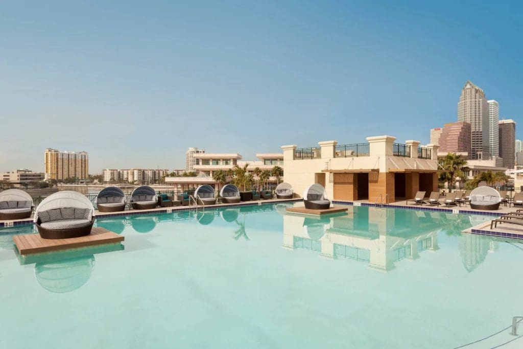 The rooftop pool with a downtown view at Tampa Marriott Water Street.