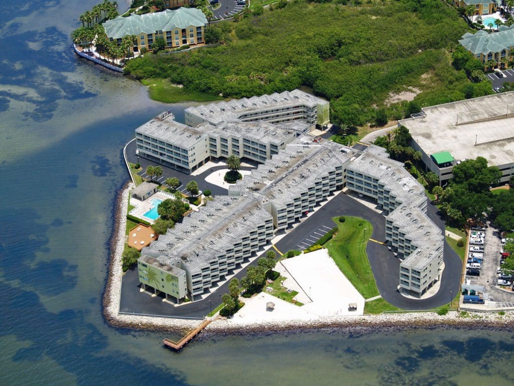 An aerial view of Sailport Waterfront Suites, one of the best hotels in Tampa Bay for families.