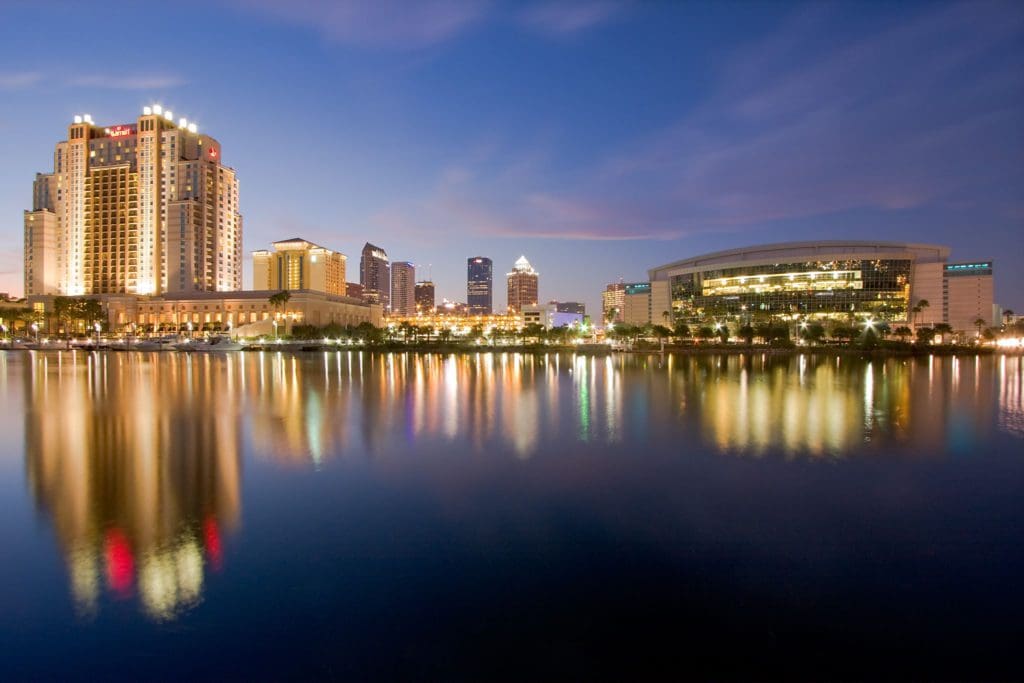 The exterior of Tampa Marriott Water Street along the water of Tampa Bay.