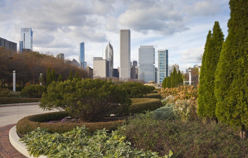 Grant Park, Chicago, Illinois, USA Facing North and taken from the Tiffany Celebration Garden south of Buckingham Fountain, which is visible in the center-right.