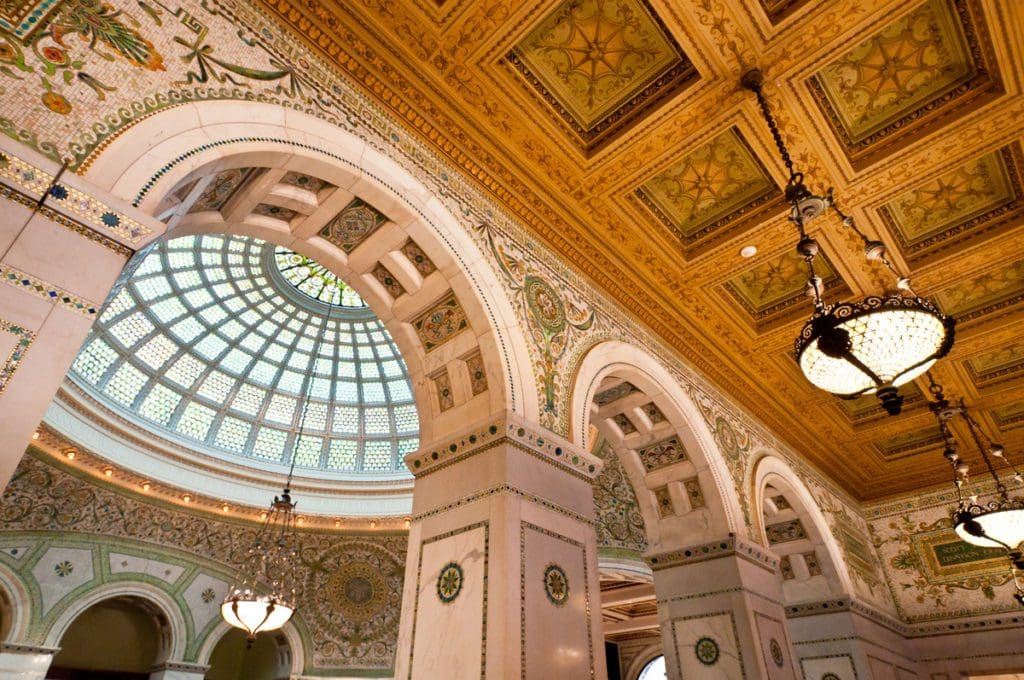 Inside the Chicago Cultural Center, featuring lovely architecture. 