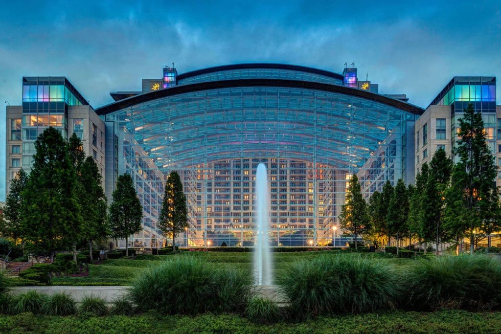 The exterior of Gaylord National Resort & Convention Center at night.