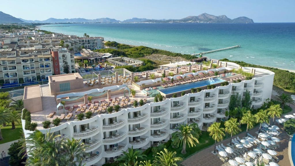 An aerial view of the large resort building for Iberostar® Selection Albufera Park, one of the best all-inclusive hotels in Mallorca for families.
