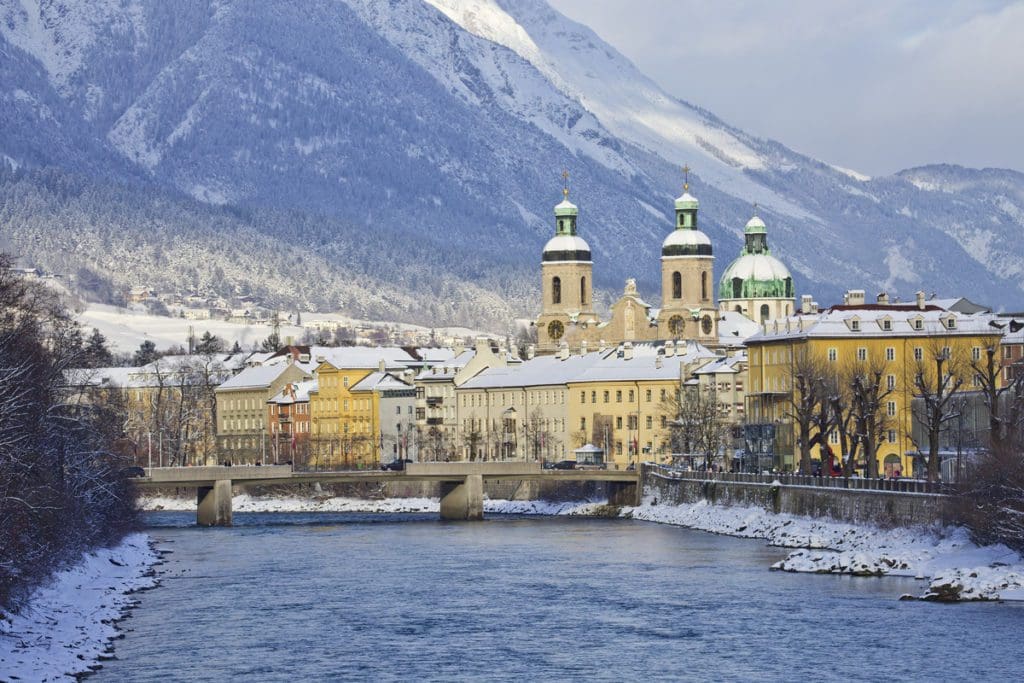 A view of St. Jakob Cathedral or the Cathedral of St. James in the snow.