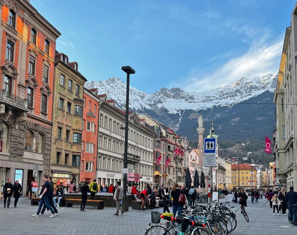 Downtown Innsbruck during the spring, one of the best destinations in Austria with kids.