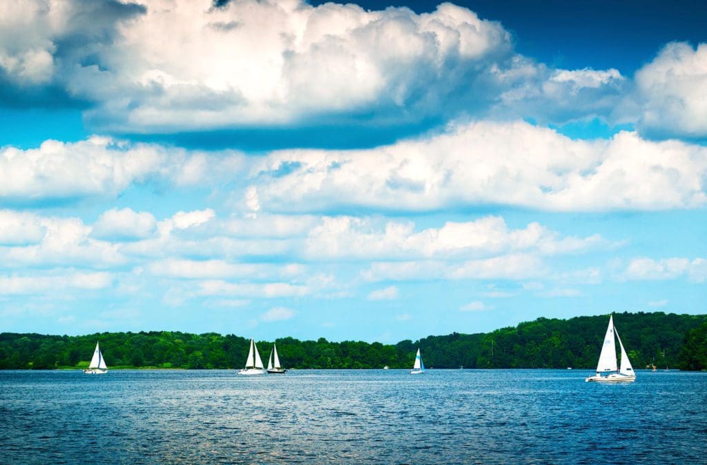 Several sail boats manuever around Lake Nockamixon on a sunny day.