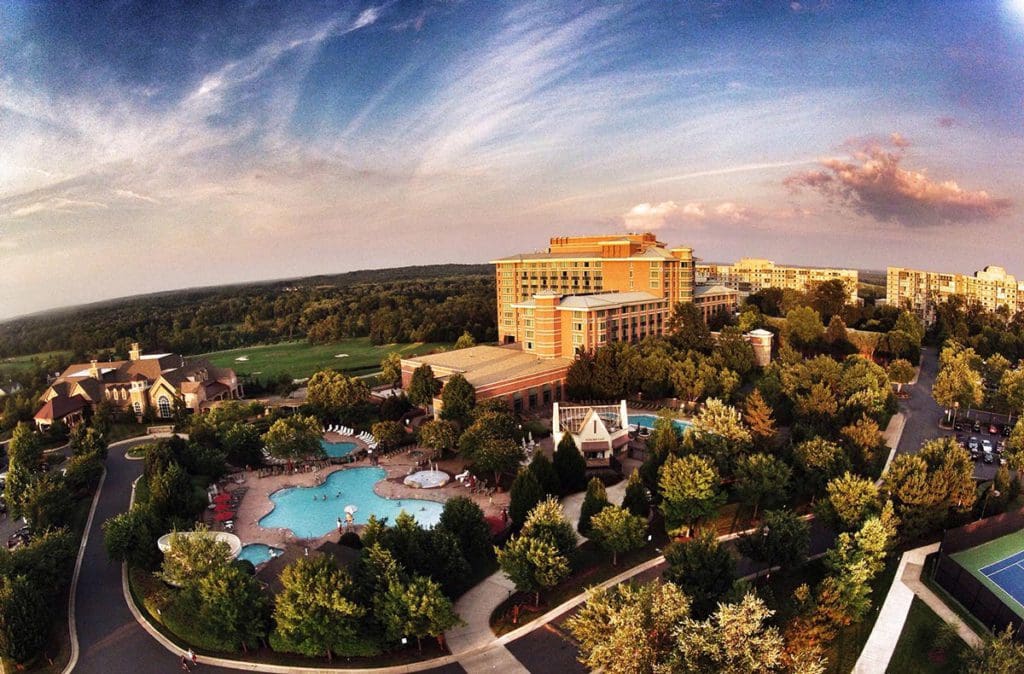 An aerial view of the large hotel and grounds of Lansdowne Resort, one of the best moms spa getaways near DC.