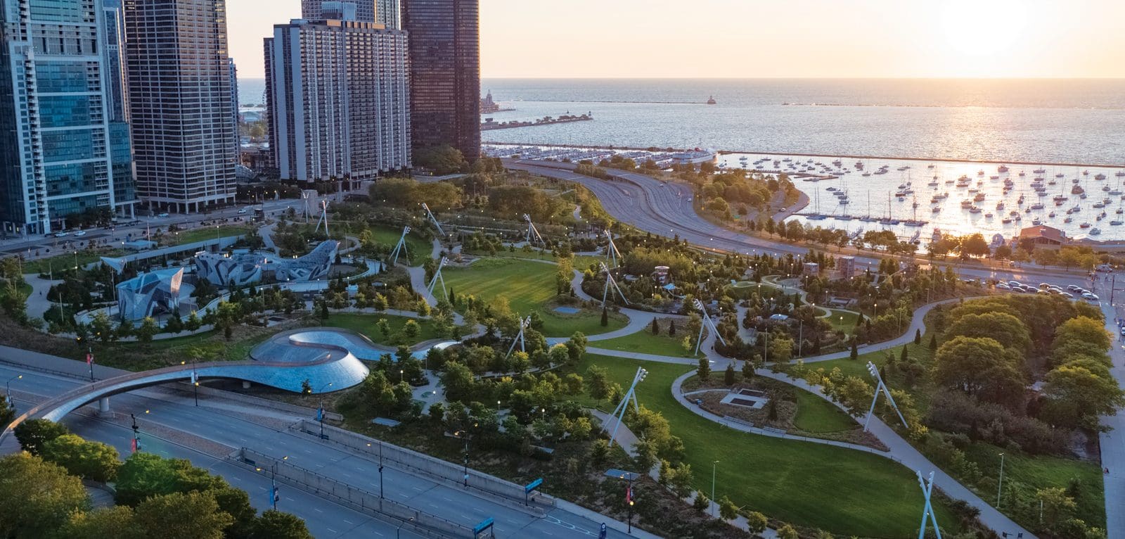 An aerial view of Maggie Daley Park, one of the best kids activities in Chicago.