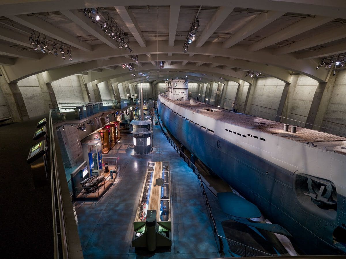 Inside one of the exhibits at Museum of Science and Industry, featuring a large ship.