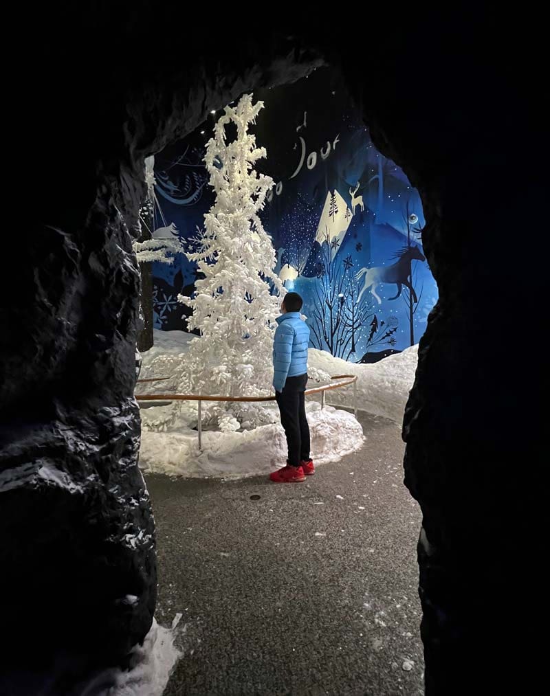 A young boy looks at a small evergreen tree made of crystals at Swarovski Kristallwelten, one of the best things to do near Innsbruck with kids this winter.