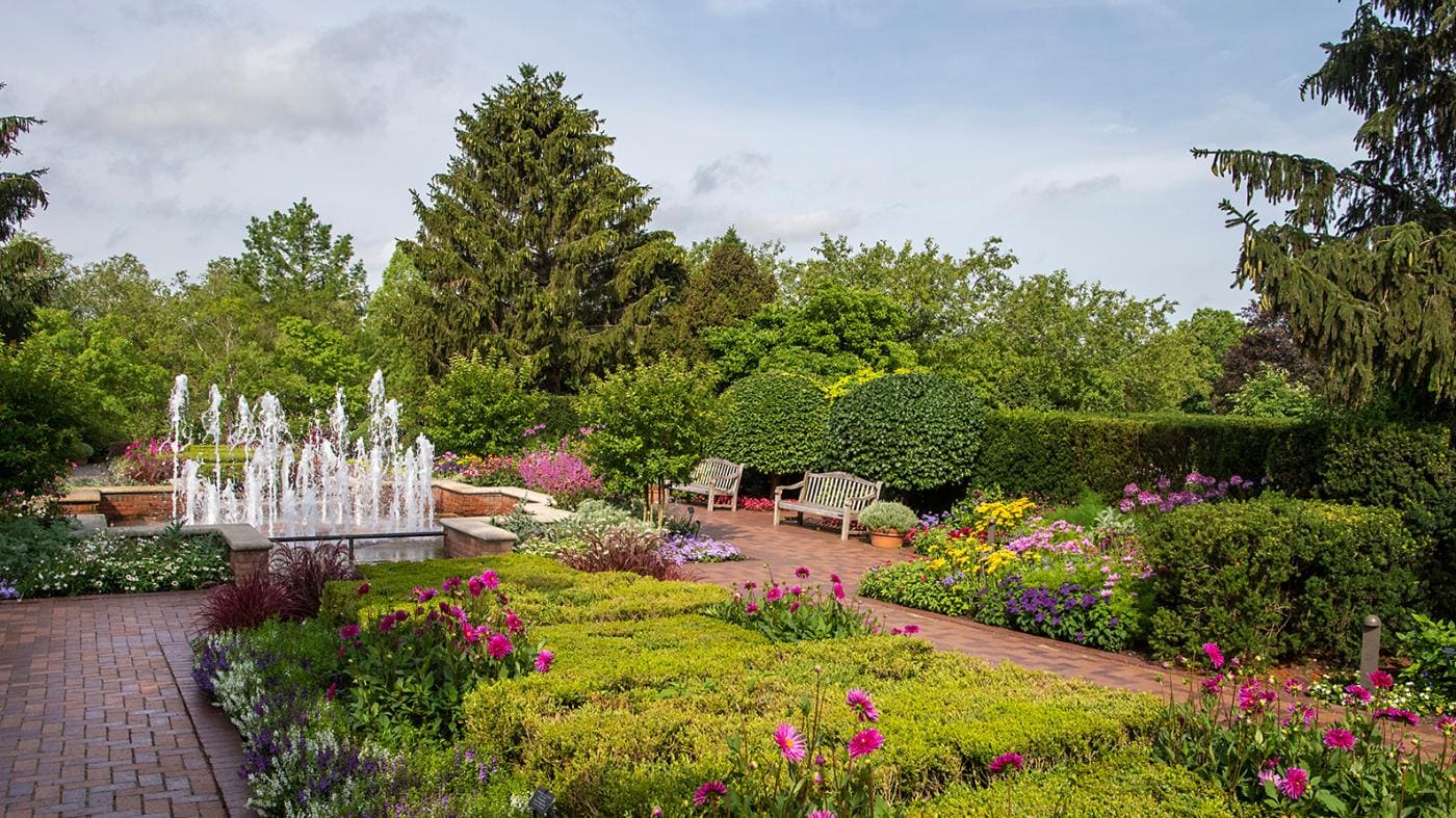 A lush and colorful garden full of flowers at Chicago Botanic Garden.