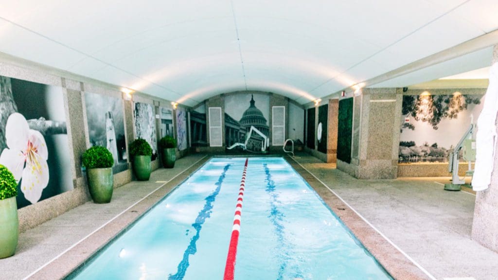 Inside the pool area at Four Seasons Hotel Washington, DC.