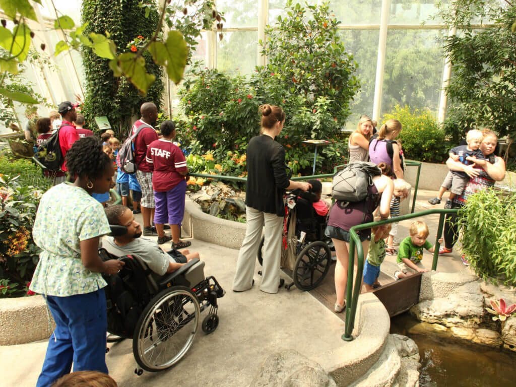 Several people enjoy an indoor garden at Peggy Notebaert Nature Museum.