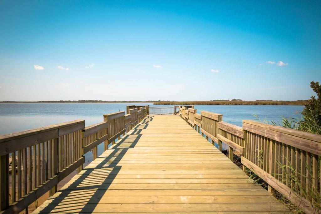 A long dock extends into the water at Back Bay National Wildlife Refuge in Virginia Beach.
