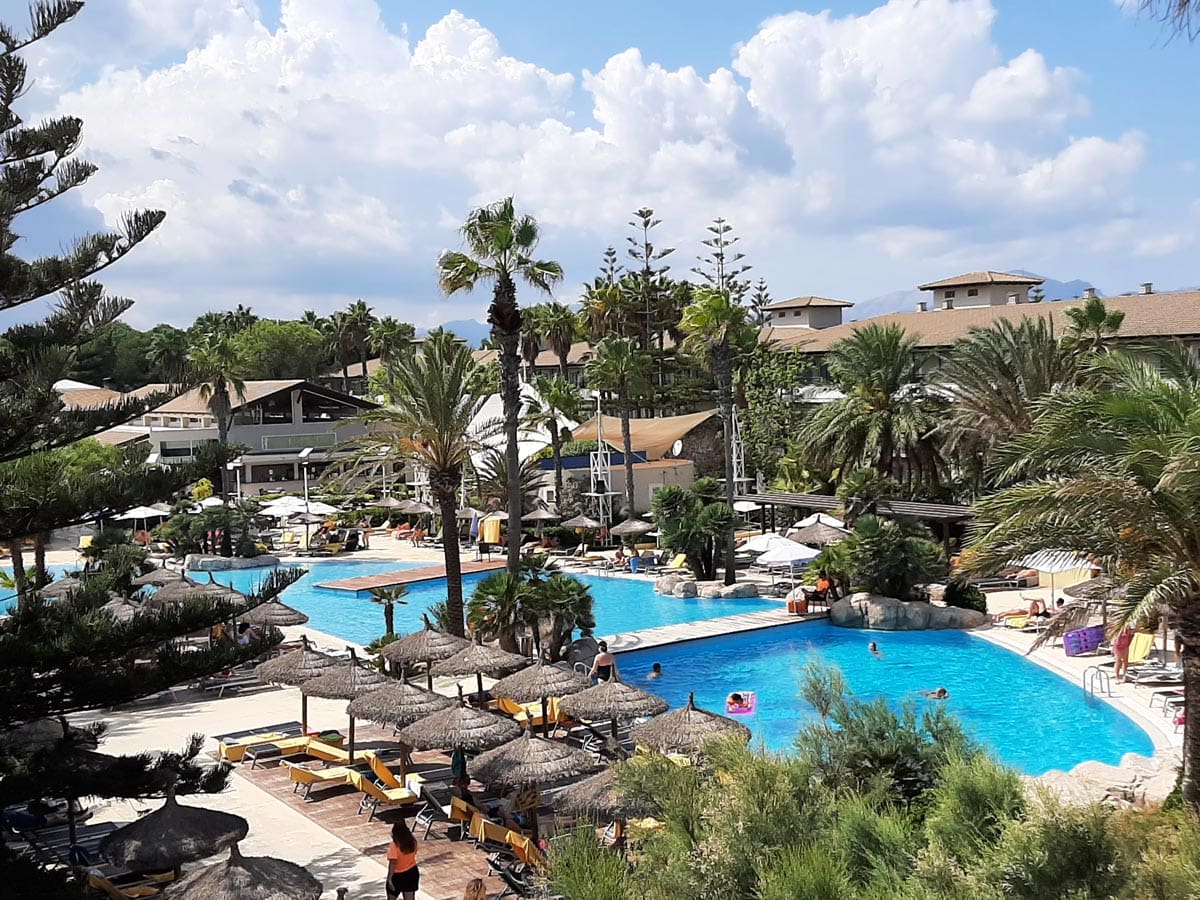 An aerial view of the resort grounds and outdoor pool at allsun Eden Playa, one of the best all-inclusive hotels in Mallorca for families.