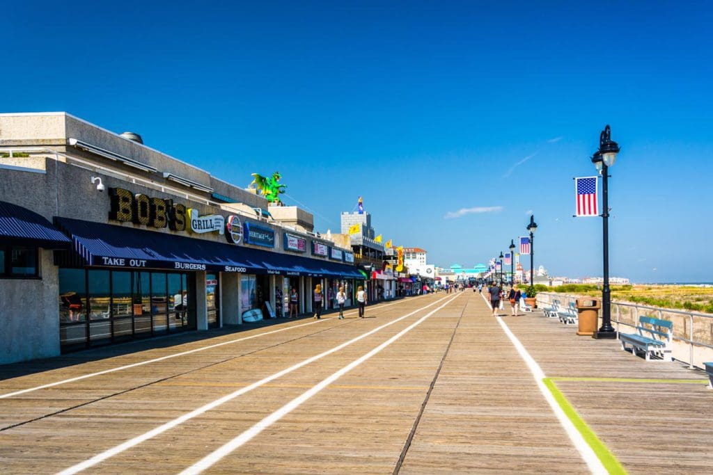 The boardwalk in Atlantic City, featuring beach access and a variety of shops.