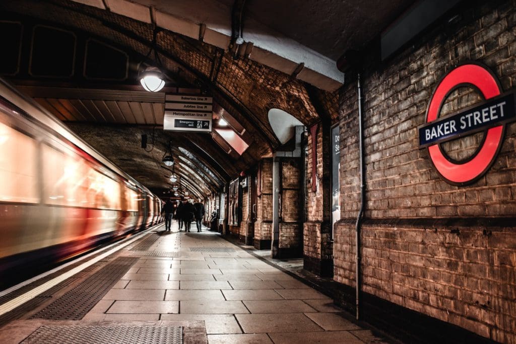 Inside the underground station for Baker Street, a landmark of Marylebone in London.