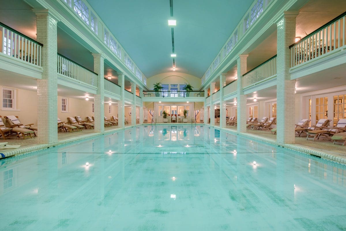 Inside the beautiful indoor pool area of Omni Bedford Springs Resort.