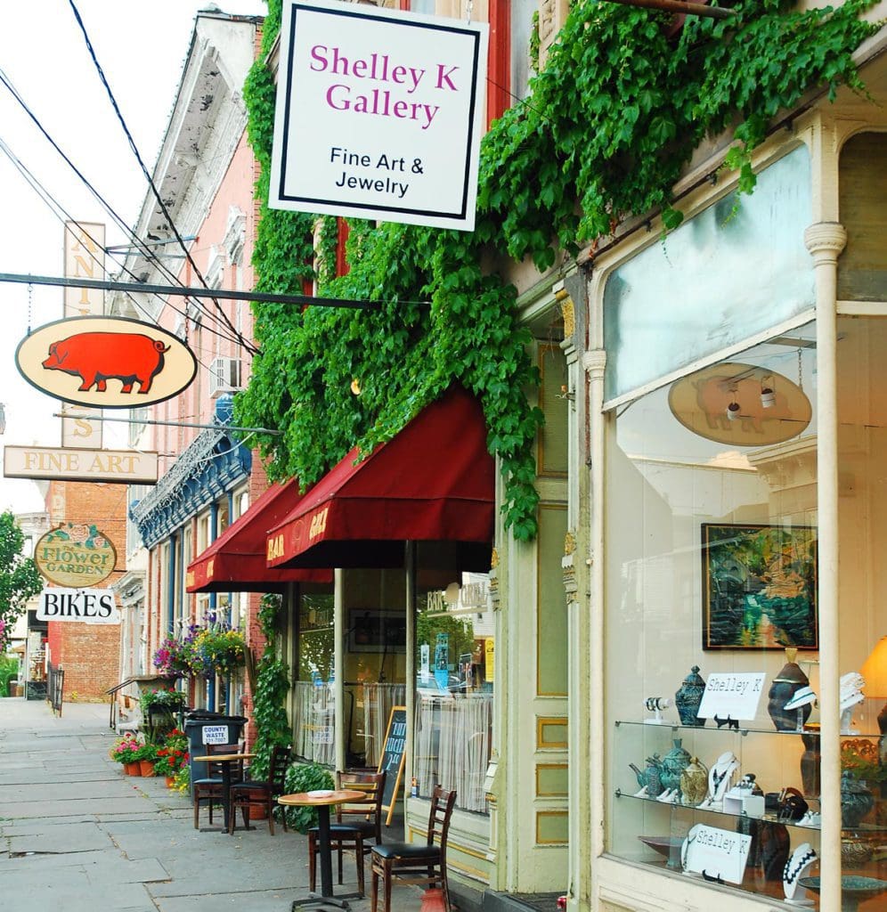 A historic city street in Woodstock, New York, one of the best cute towns near NYC with kids.
