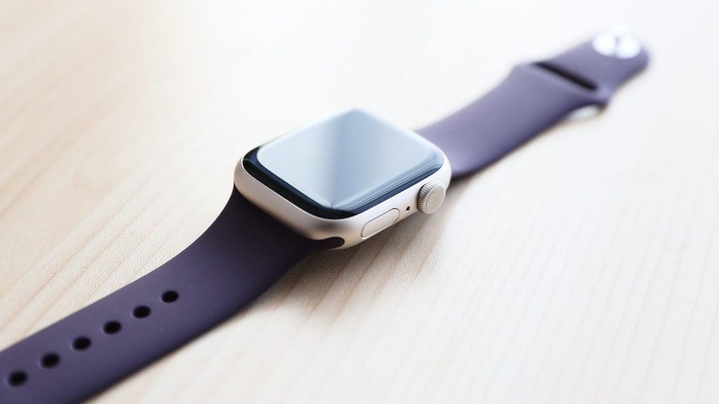 A product shot of an apple watch with a purple band on a table, one of the best travel gifts for Mom this Christmas.