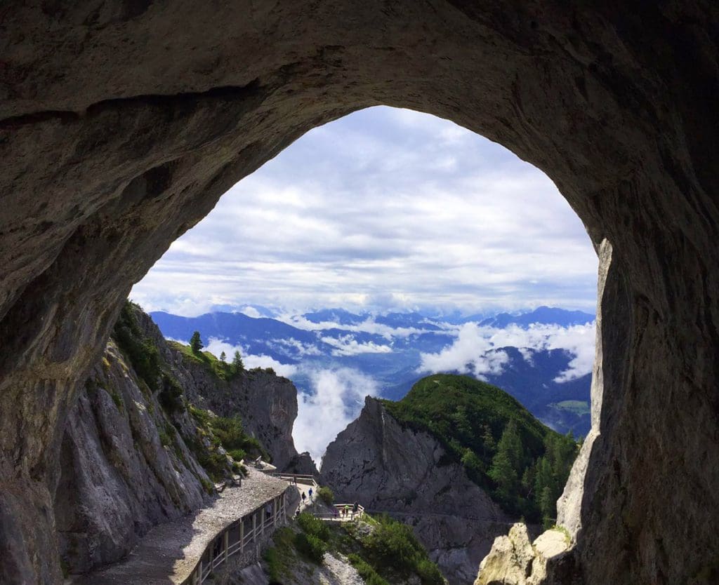 A view of Eisriesenwelt below from a cave opening.