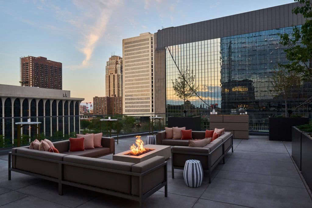 The lovely rooftop terrace overing looking Minneapolis at Four Seasons Hotel Minneapolis.