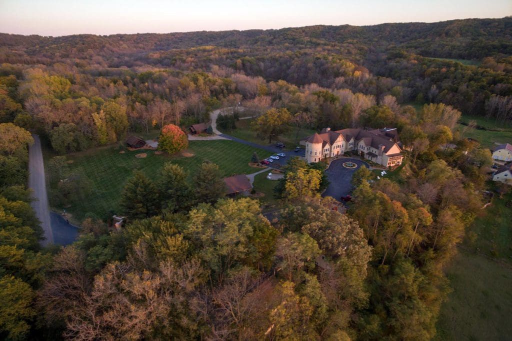 An aerial view of Goldmoor Inn & Resort nestled in a beautiful area of Illinois, one of the best Moms Weekend Getaways in the Midwest.