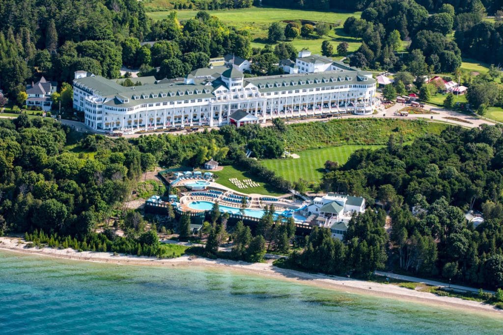 An aerial view of The Grand Hotel along Lake Michigan.