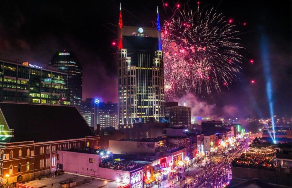 A large firework display over Nashville, one of the best places to celebrate fourth of July in the US for families.