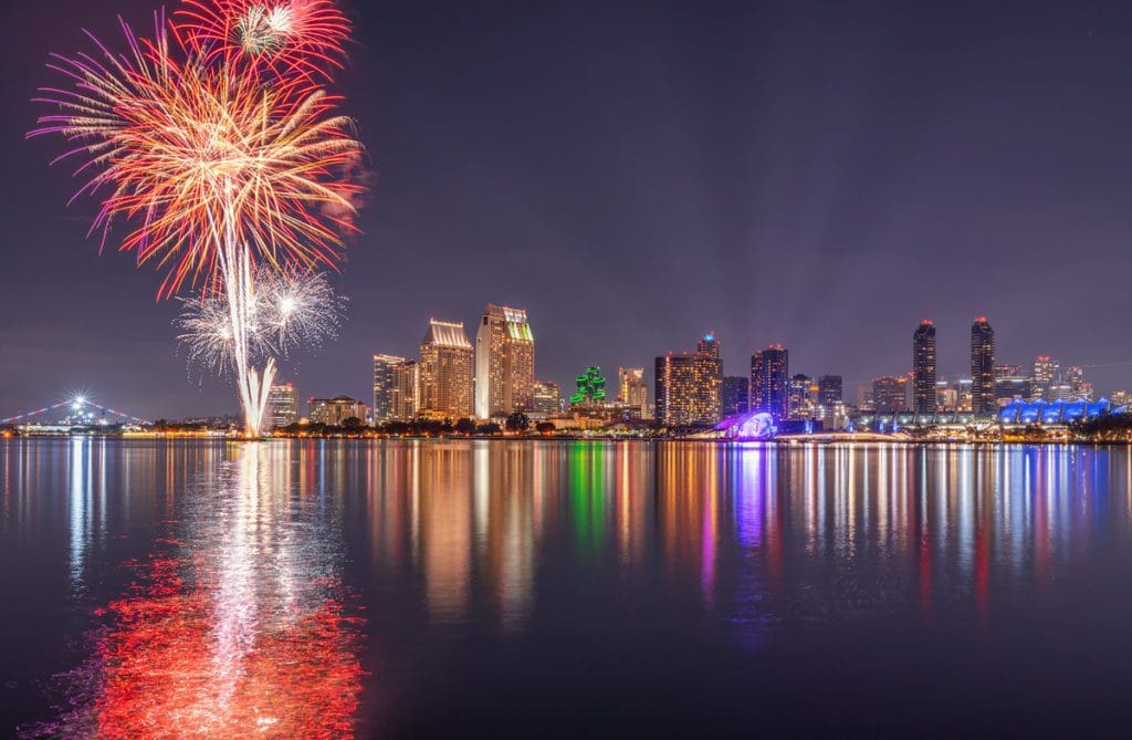 Fireworks over the skyline of San Diego.