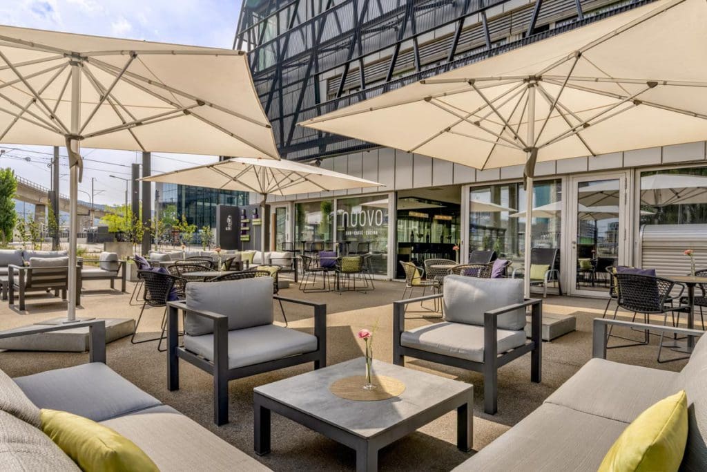 The outdoor patio at Sheraton Hotel Zurich.