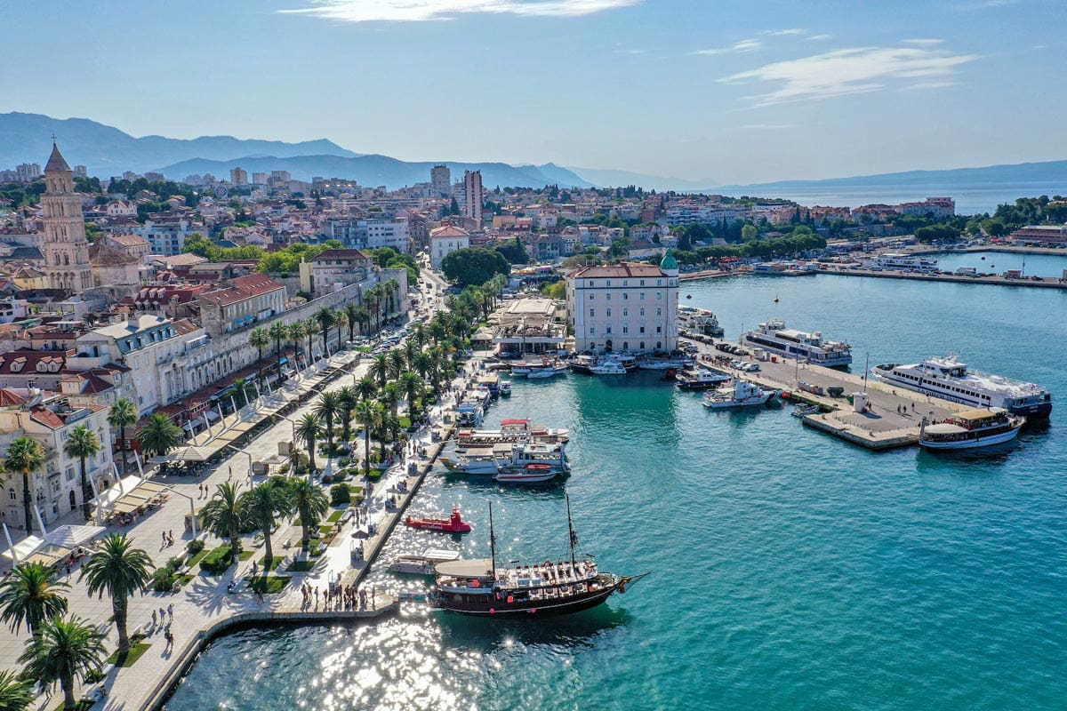 An aerial view of the port area in Split.