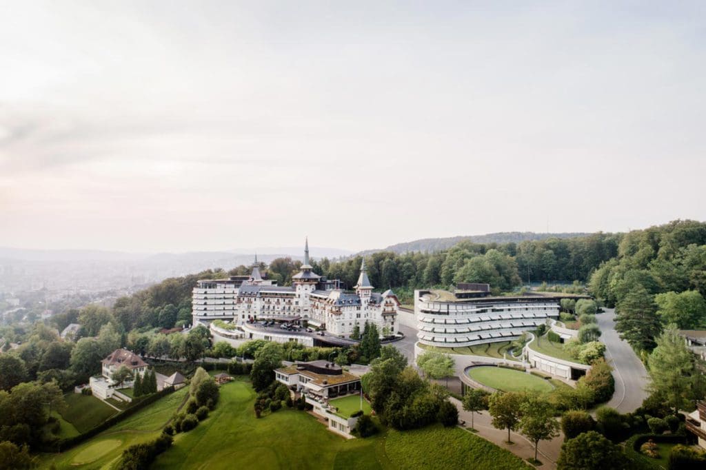 An aerial view of the hotel and grounds at Dolder Grand Hotel.