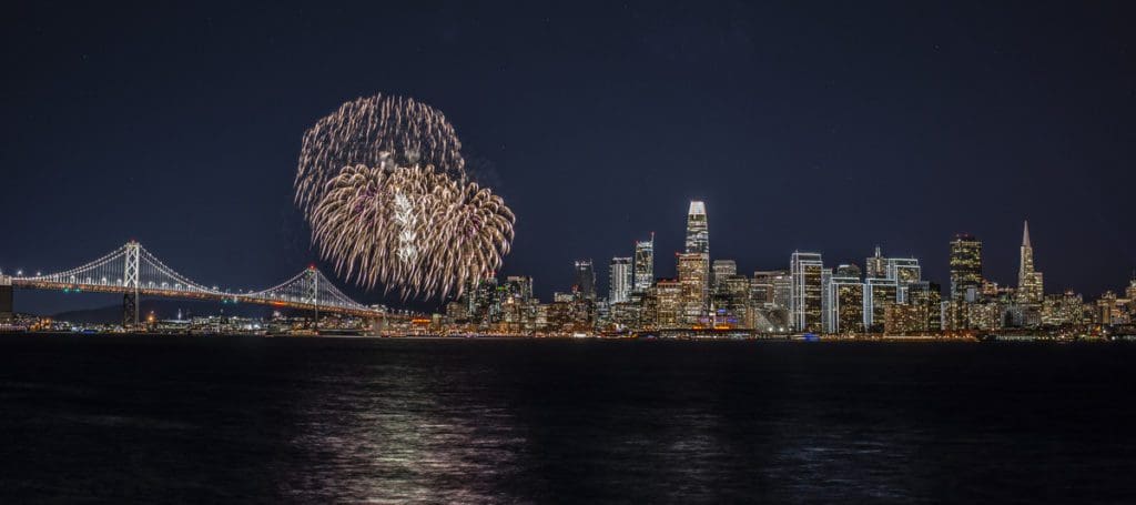 Fireworks over the skyline of San Francisco.